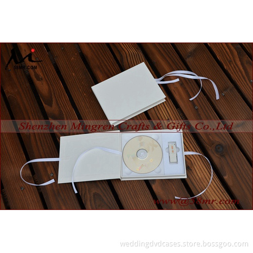 Fabric Linen Cotton Ribbon Wedding CD DVD Box Holder Folio with USB Divider Box